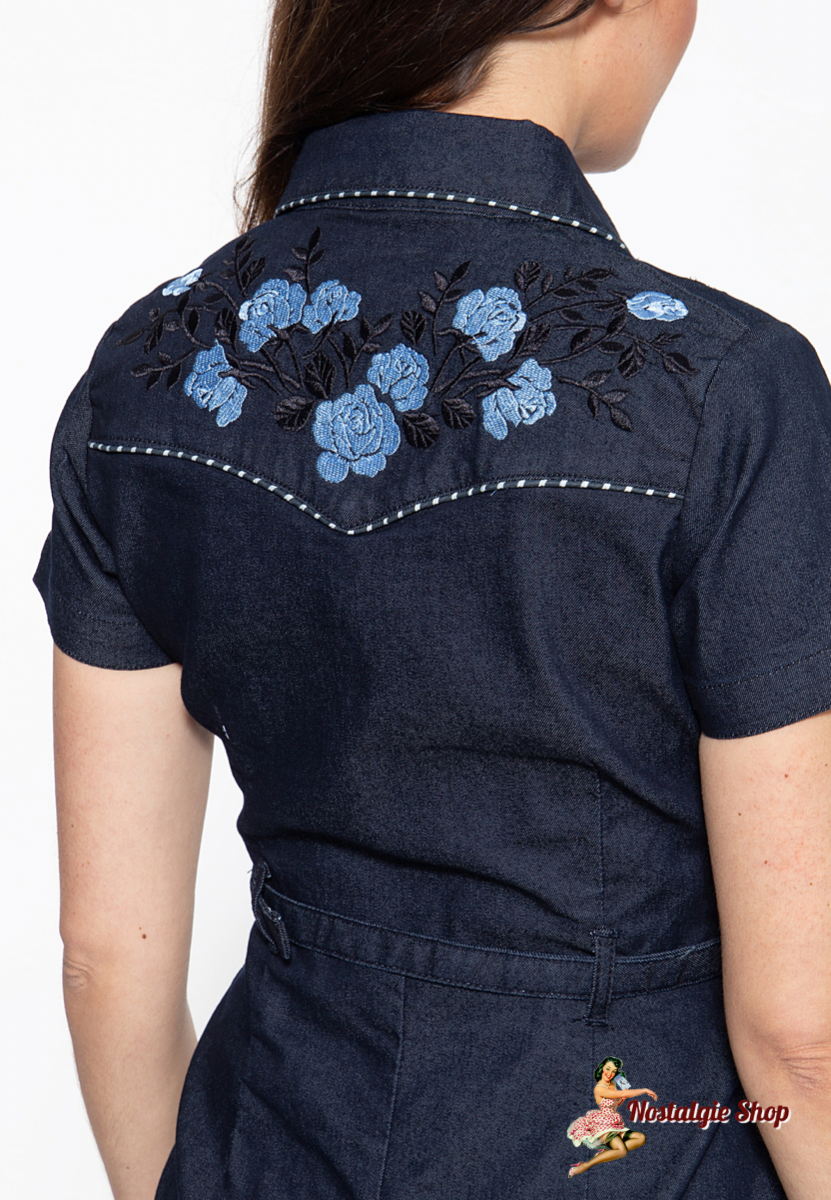 Queen Kerosin - Pencilkleid Westernstyle mit blauer Stickerei