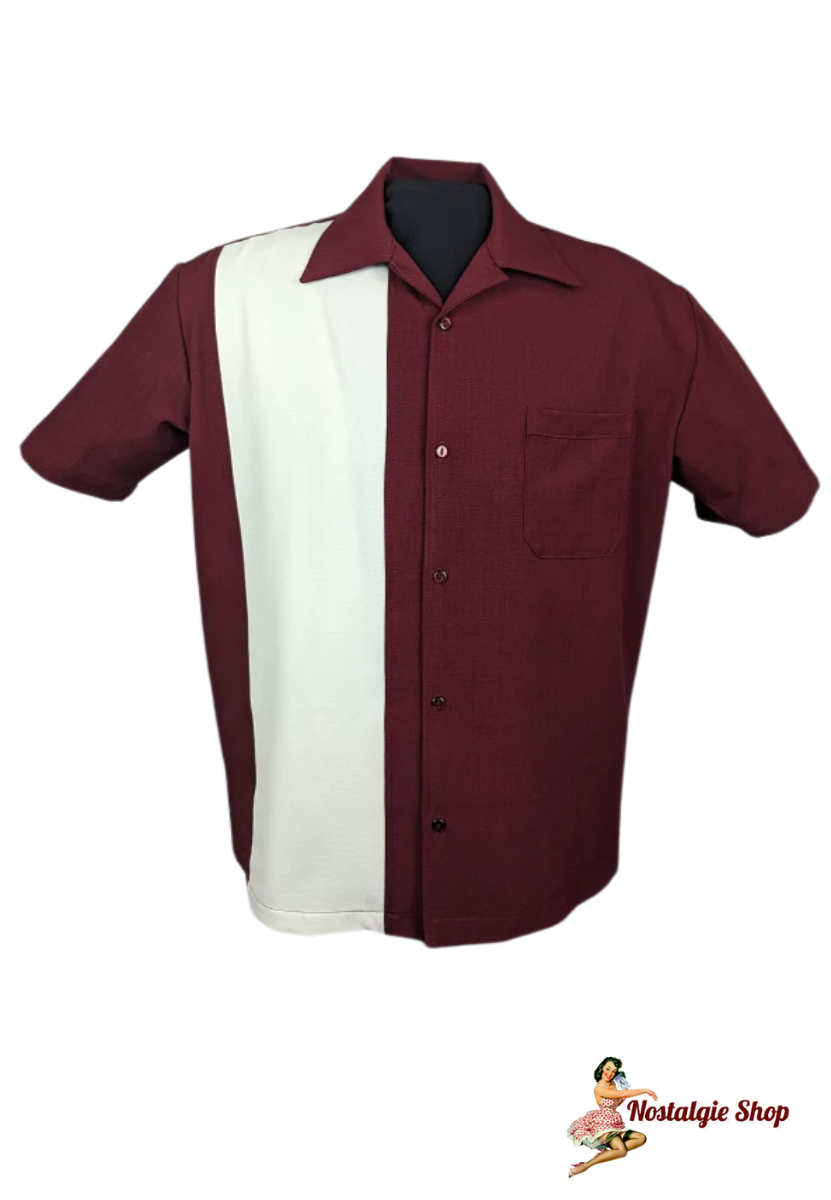 Steady Clothing - PopCheck Single Wide Panel Bowling Shirt in Ruby/Cream