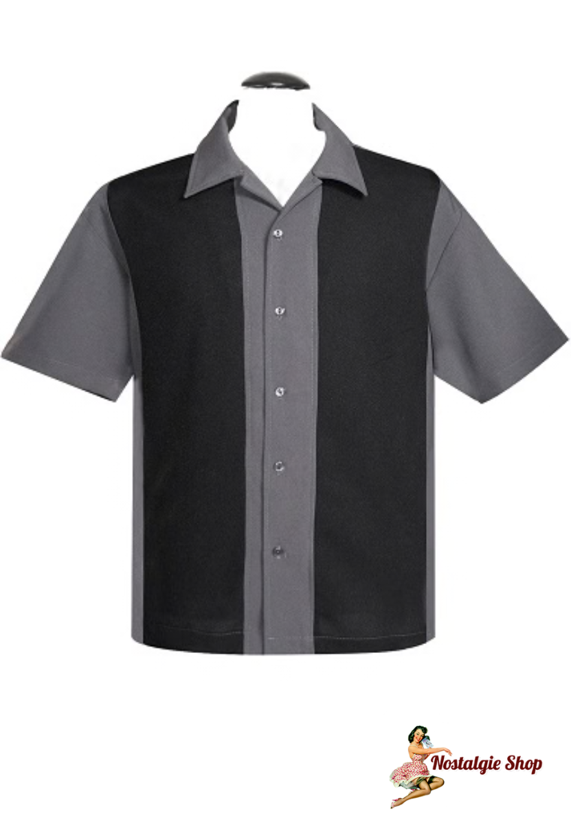 Steady Clothing - Poplin Wide Panel Bowling Shirt – Charcoal / Black
