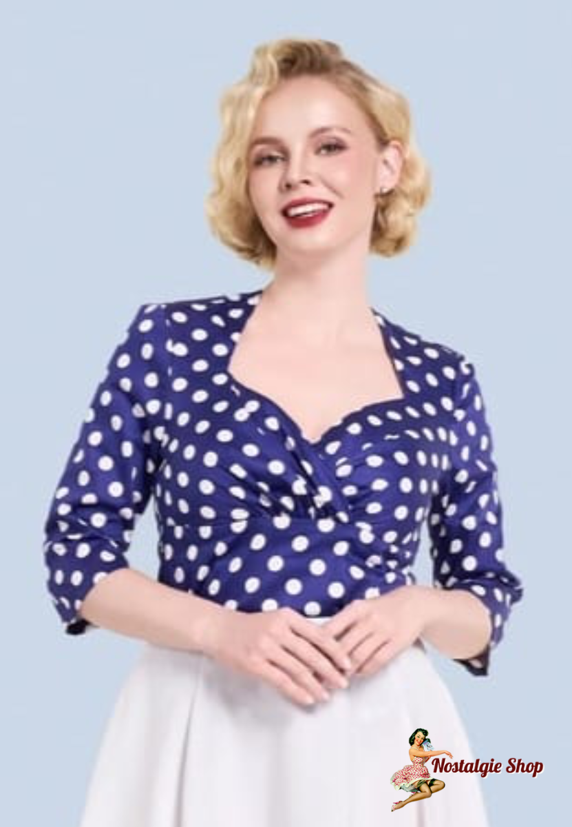 Lindy Bop - Rita Polka Bluse – Blaues Vintage-Oberteil mit Polka Dots