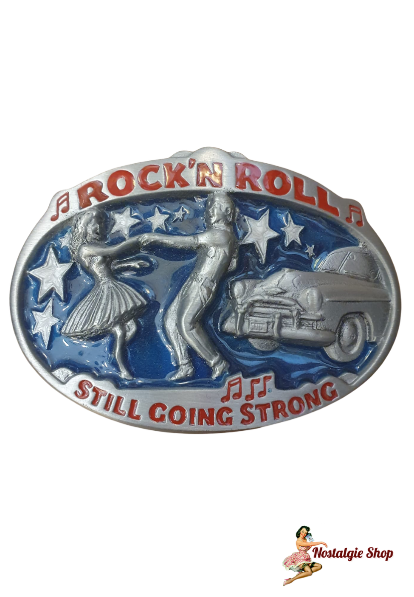 Rockabilly Gürtelschnalle "Rock'n Roll - Still Going Strong" – Tanzpaar & Oldtimer Motiv