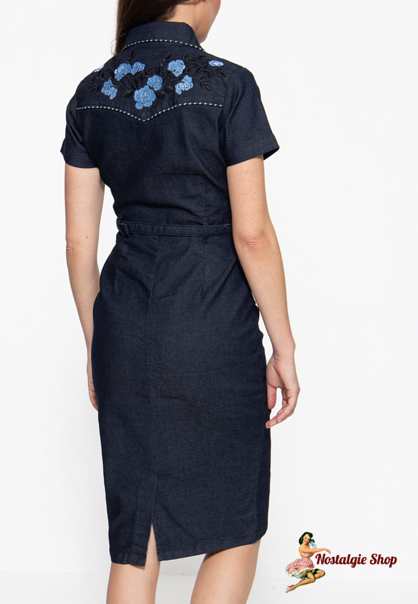 Queen Kerosin - Pencilkleid Westernstyle mit blauer Stickerei