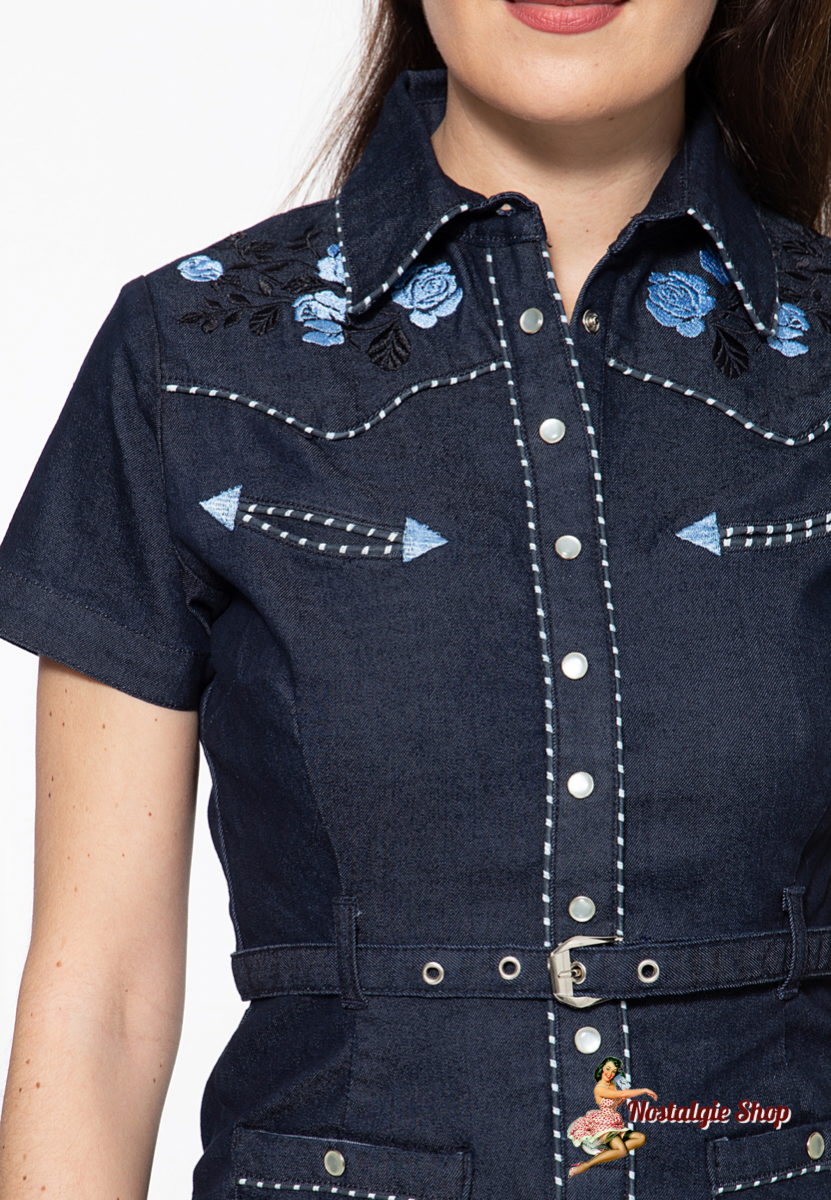 Queen Kerosin - Pencilkleid Westernstyle mit blauer Stickerei