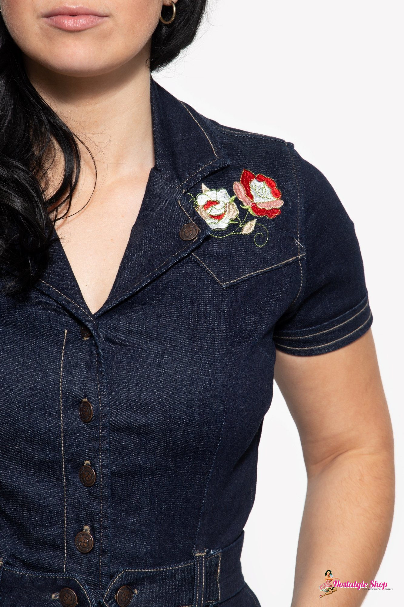 Queen Kerosin - 50er Jahre Denim Swingkleid - dark blue mit Blumenstickerei bunt