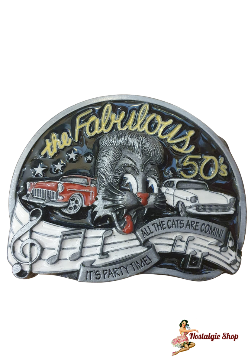 Rockabilly Gürtelschnalle "The Fabulous 50's" – Rock 'n' Roll & Cool Cat Motiv