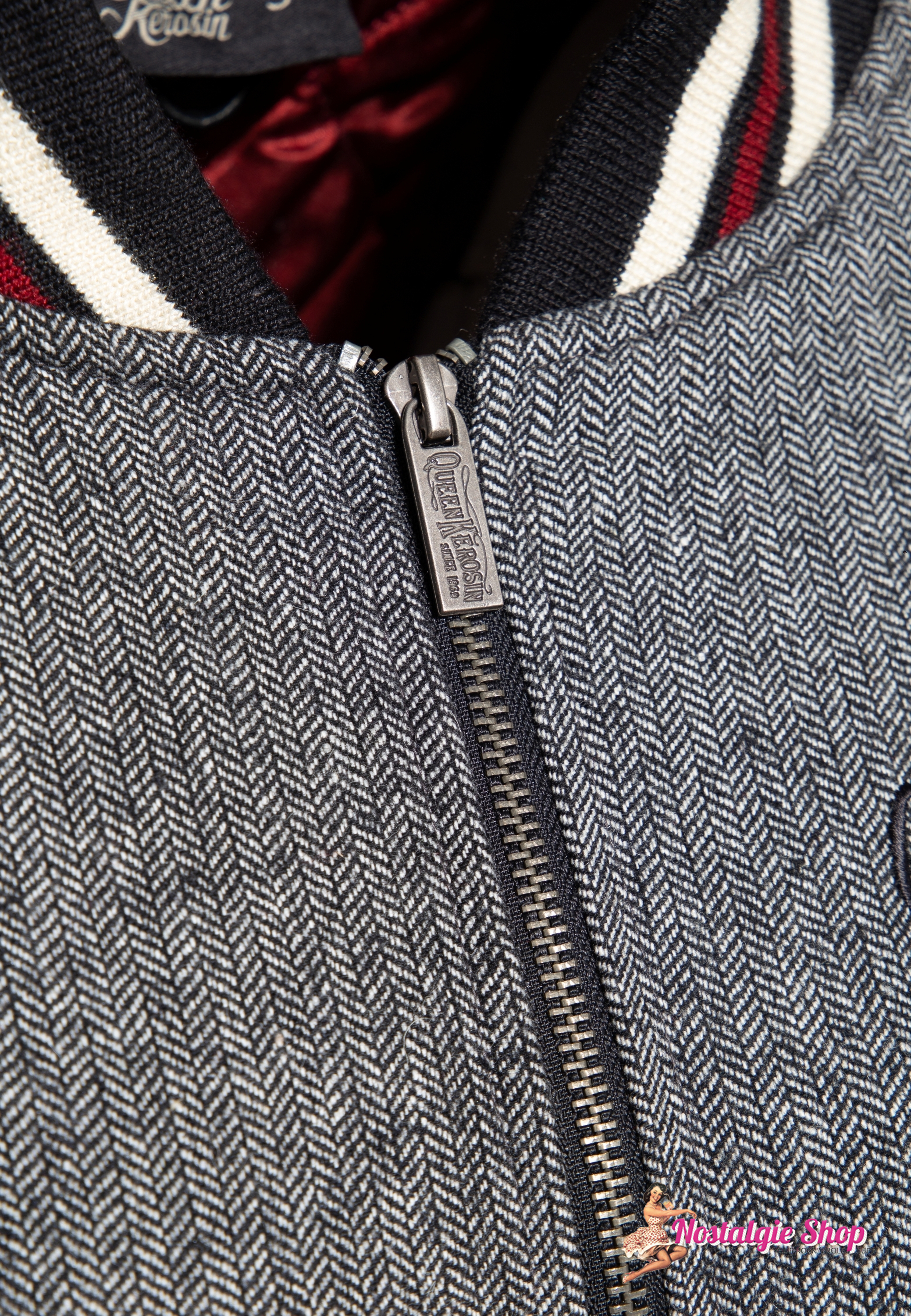 Queen kerosin Damen College Jacke ,Echt Leder, Fischgrat Webung