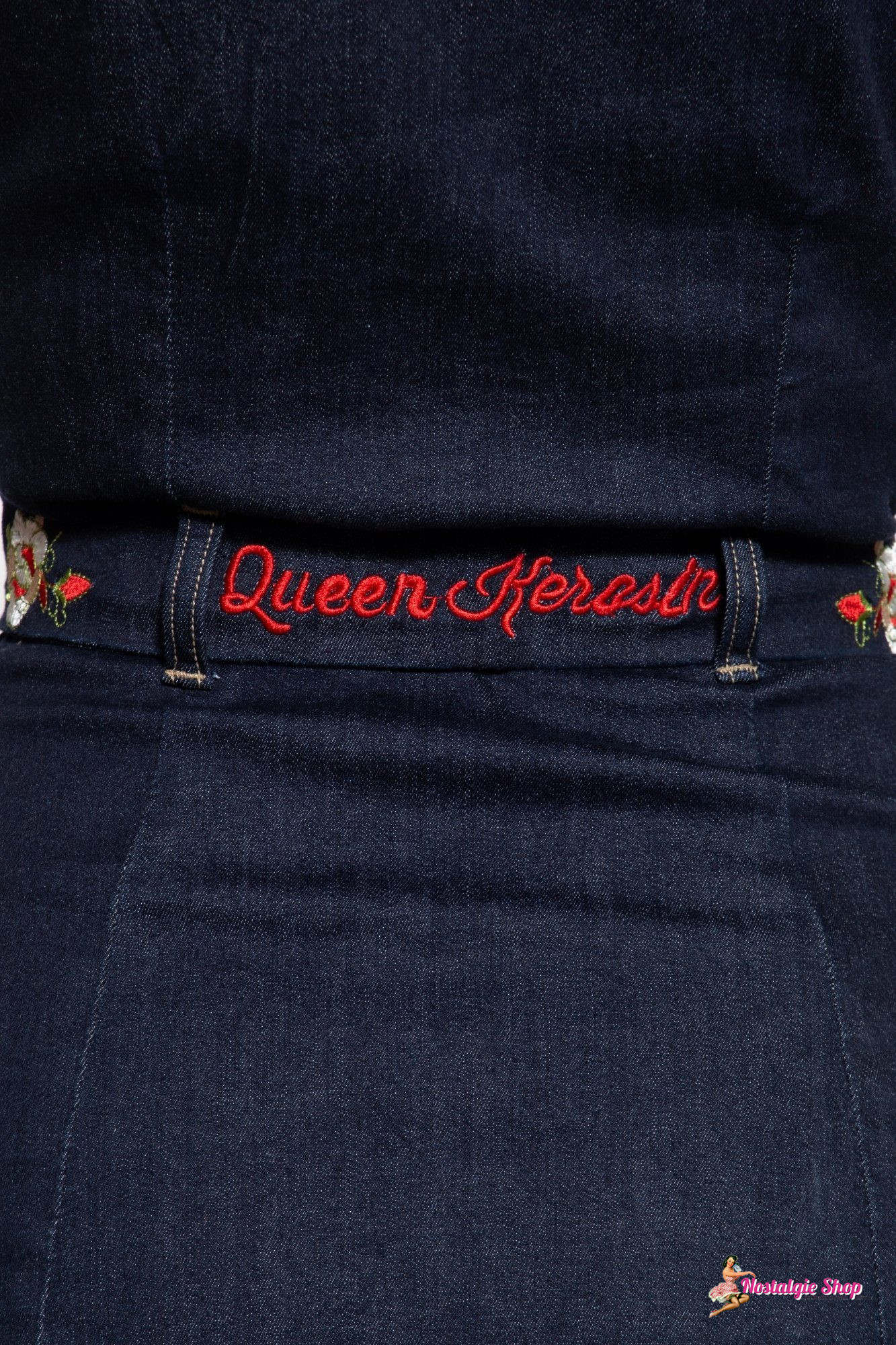 Queen Kerosin - 50er Jahre Denim Swingkleid - dark blue mit Blumenstickerei bunt