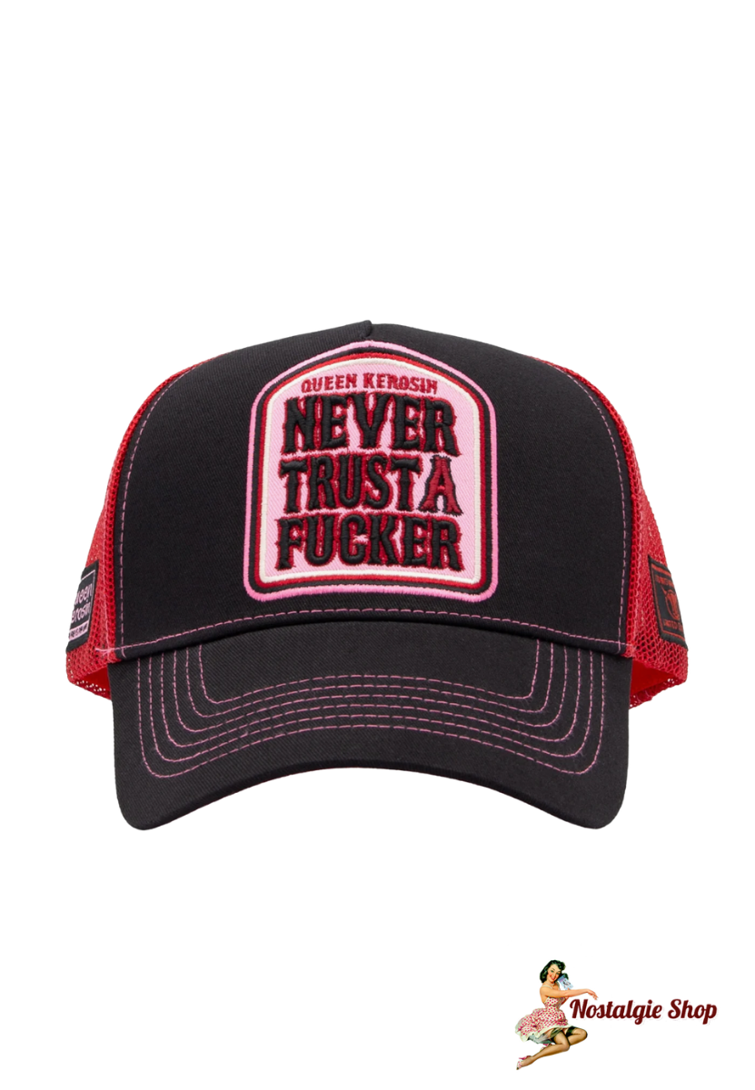 Queen Kerosin - Trucker Cap 'Never Trust A Fucker' in Schwarz Rot