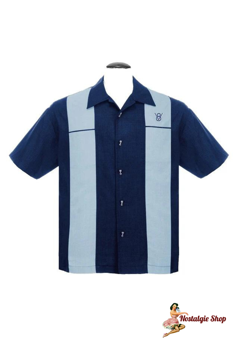 Steady Clothing - Classy Piston Bowling Shirt in Navy/Lt Blue