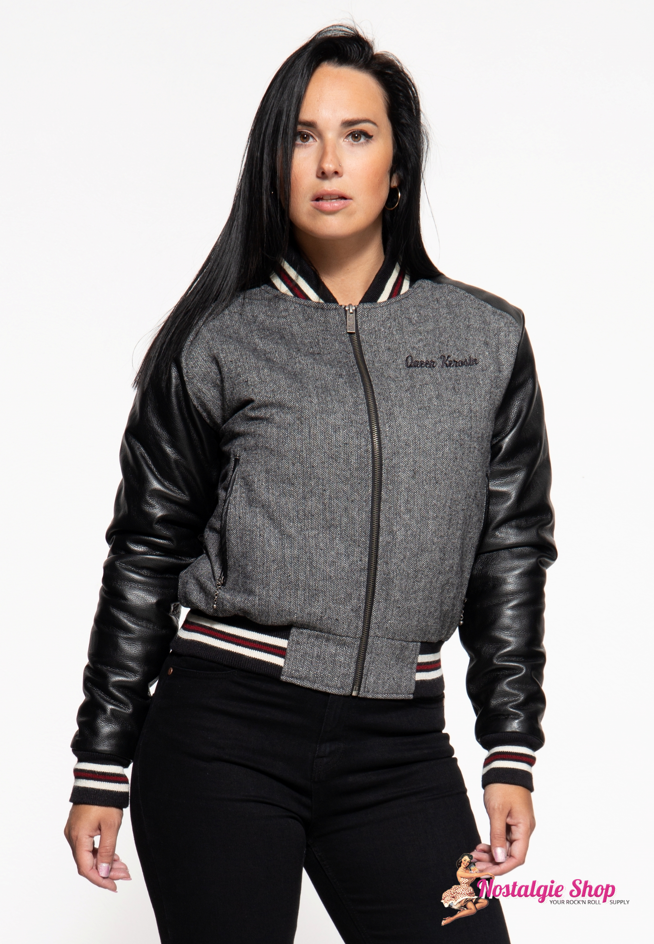 Queen kerosin Damen College Jacke ,Echt Leder, Fischgrat Webung