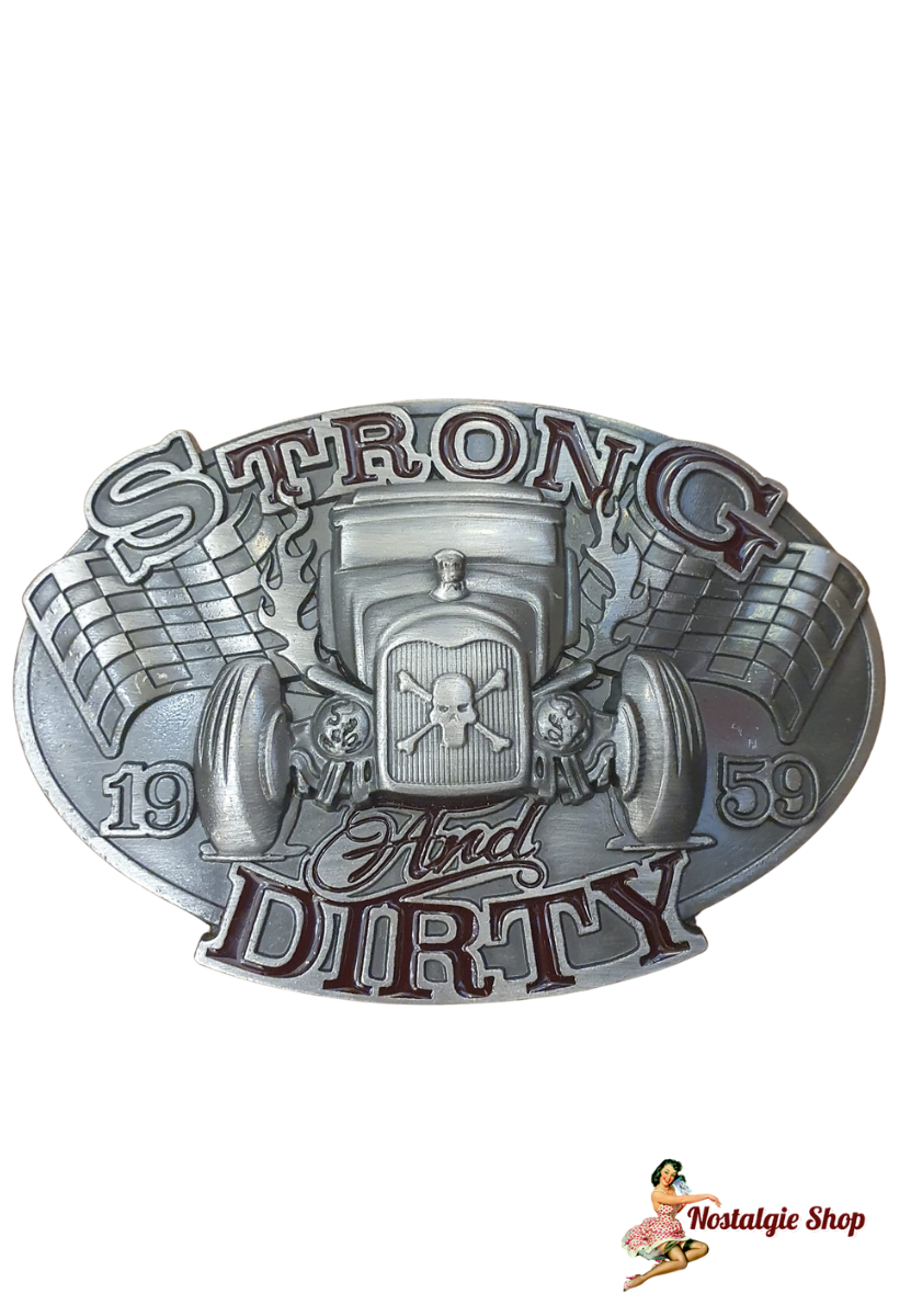 Rumble 59 - Hot Rod Gürtelschnalle "Strong and Dirty 1959" – Rockabilly & Skull Motiv
