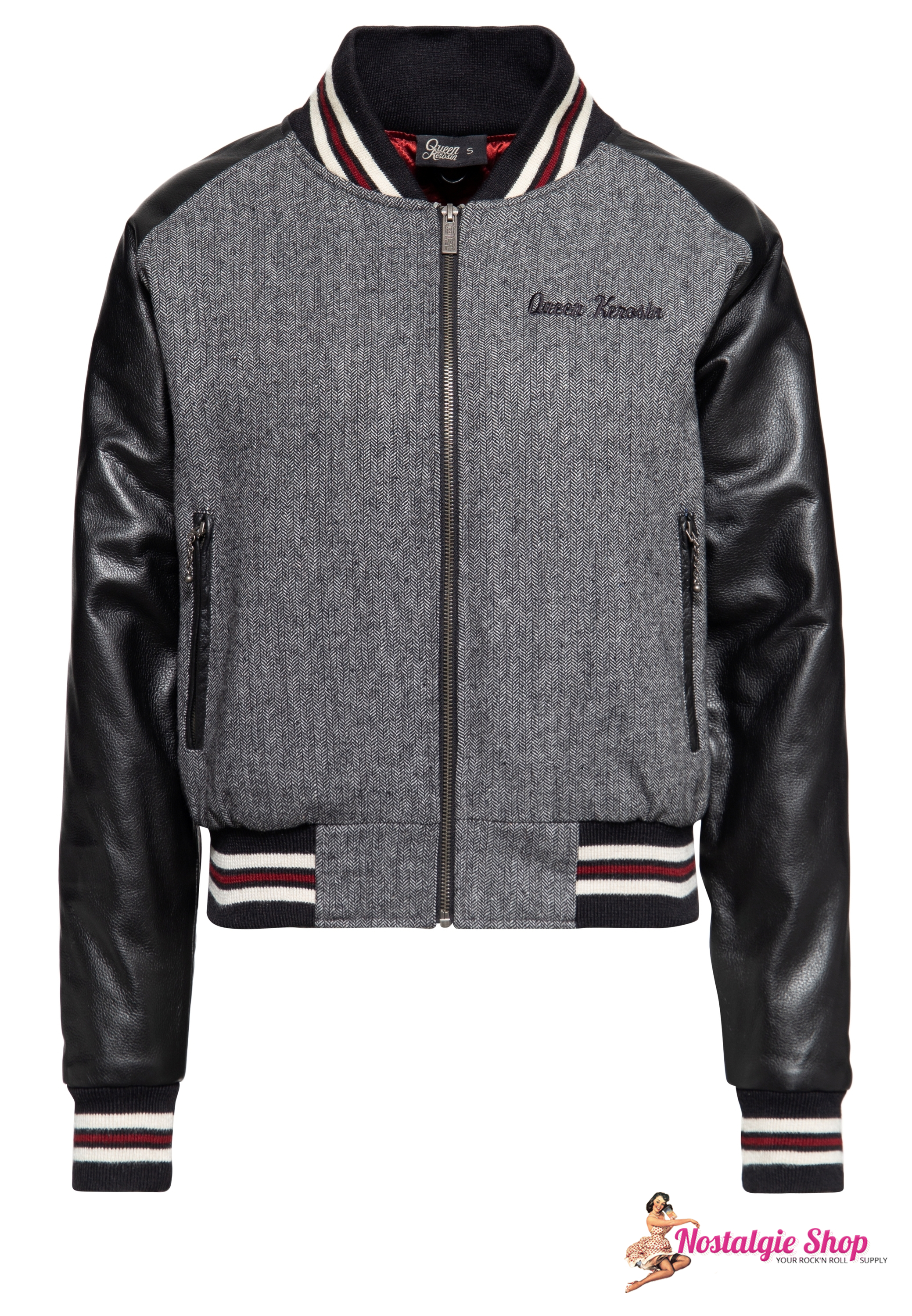 Queen kerosin Damen College Jacke ,Echt Leder, Fischgrat Webung