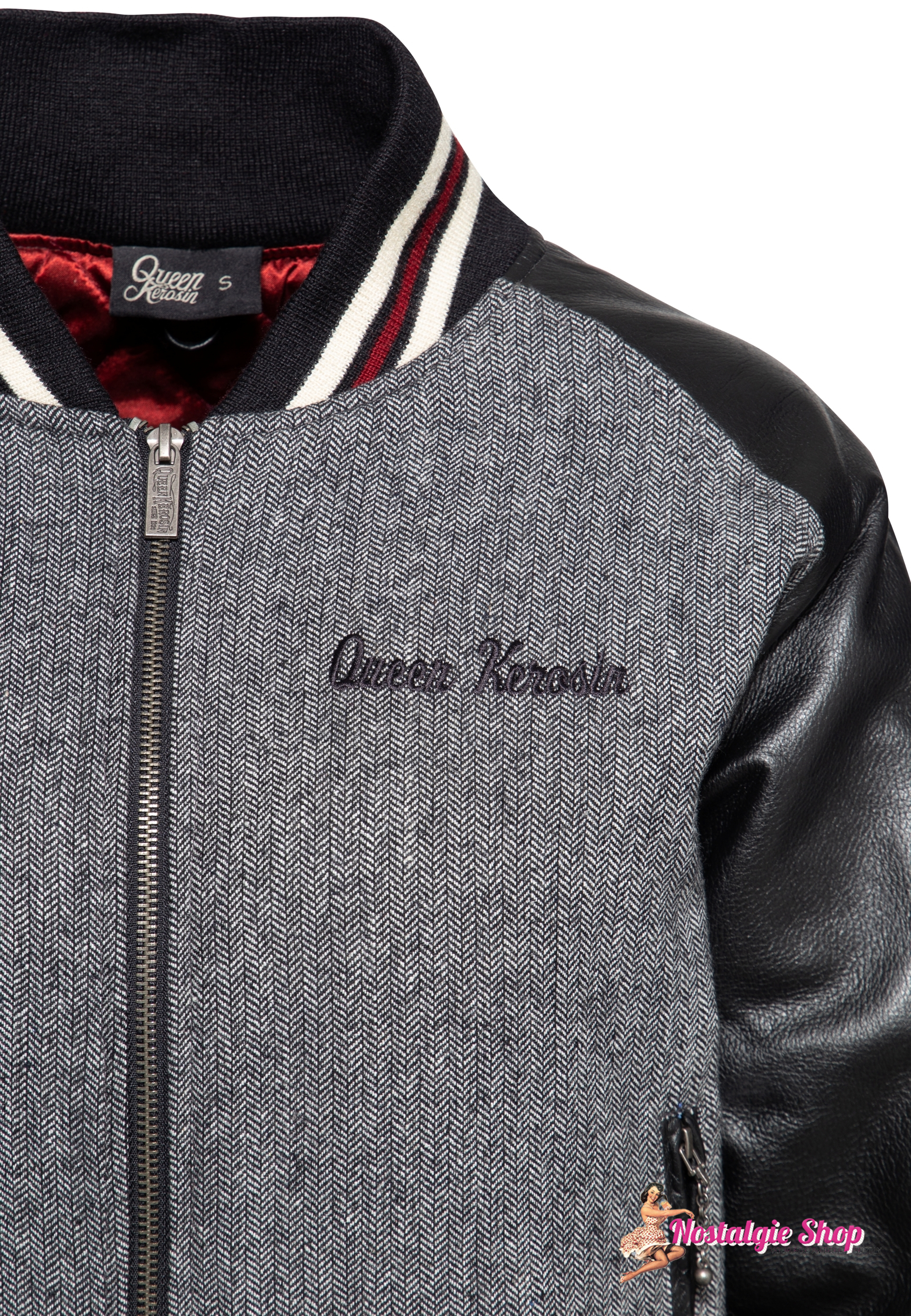 Queen kerosin Damen College Jacke ,Echt Leder, Fischgrat Webung