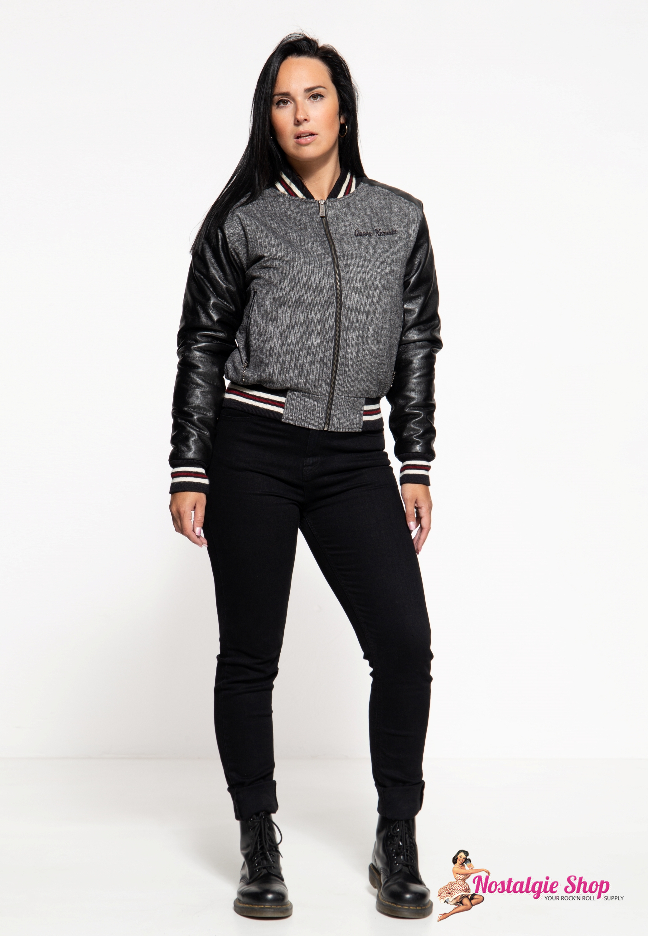 Queen kerosin Damen College Jacke ,Echt Leder, Fischgrat Webung