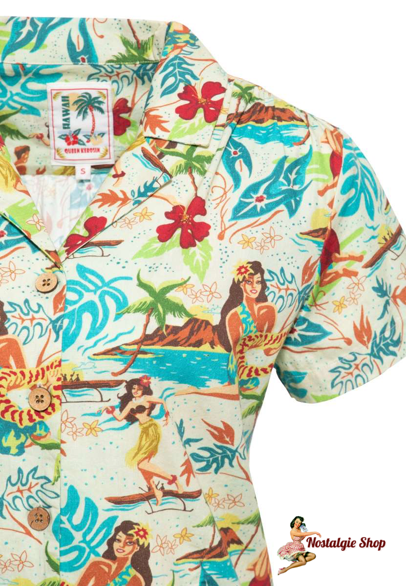 Queen Kerosin - Short sleeve Blouse wooden buttons in Ecru