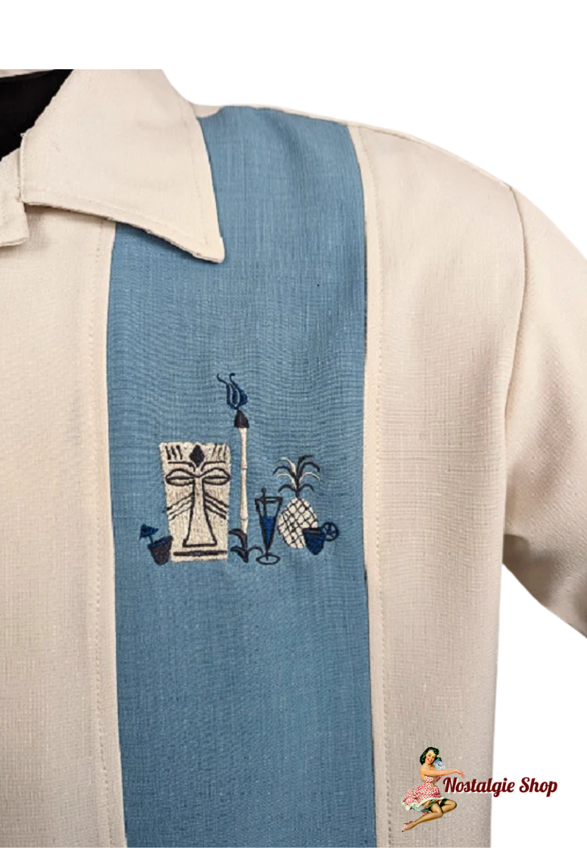 Steady Clothing - The Mickey Bowling Shirt in Cream with Aqua