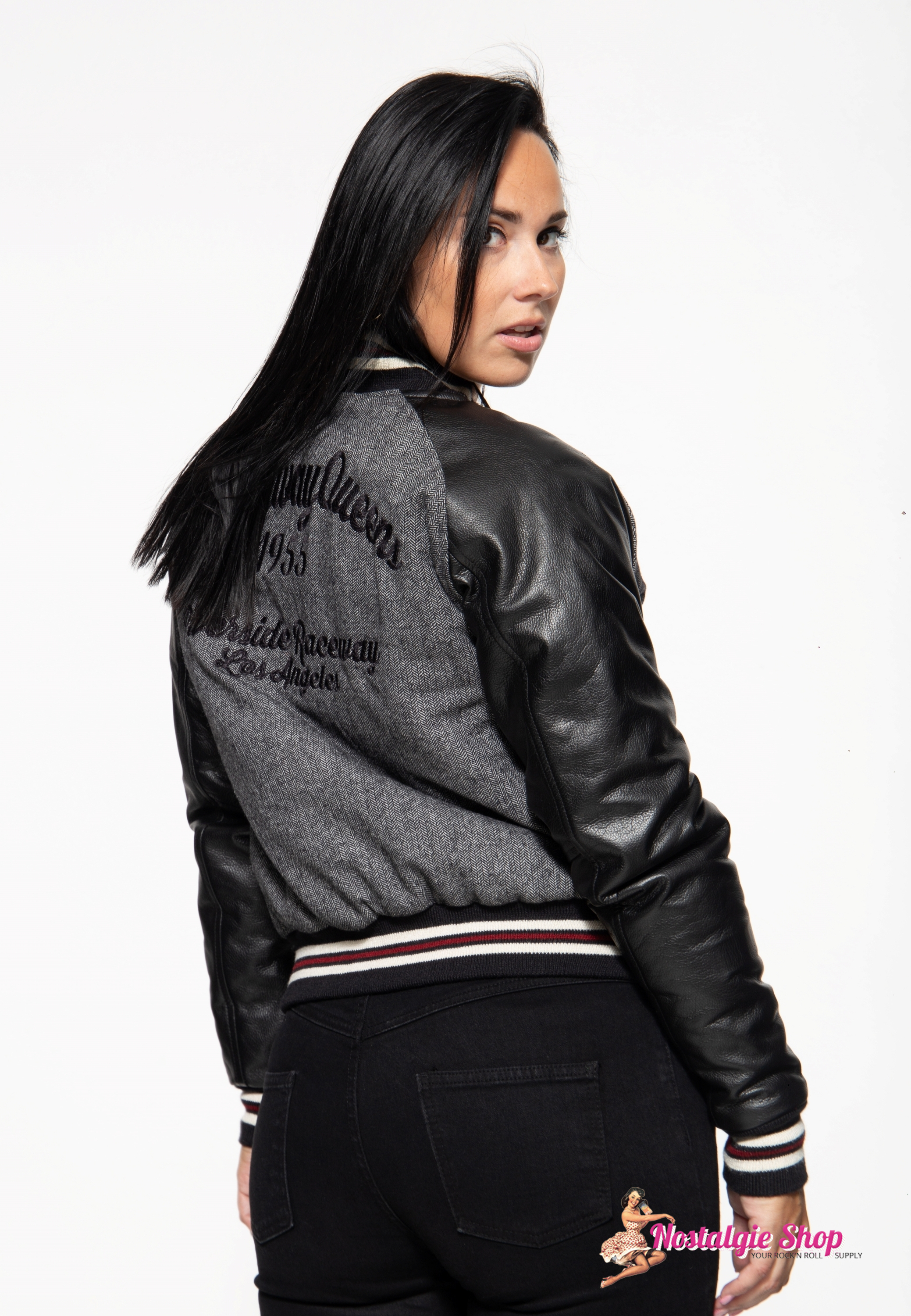 Queen kerosin Damen College Jacke ,Echt Leder, Fischgrat Webung