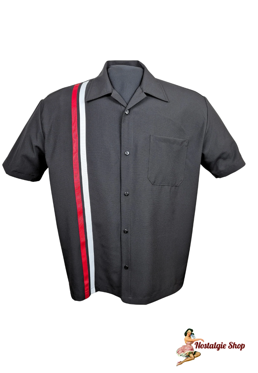 Steady Clothing - Speedway Racer Bowling Shirt – Black / Red / White