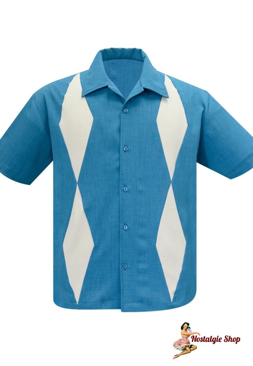 Steady Clothing - Diamond Duo Bowling Shirt in Pacific/Stone