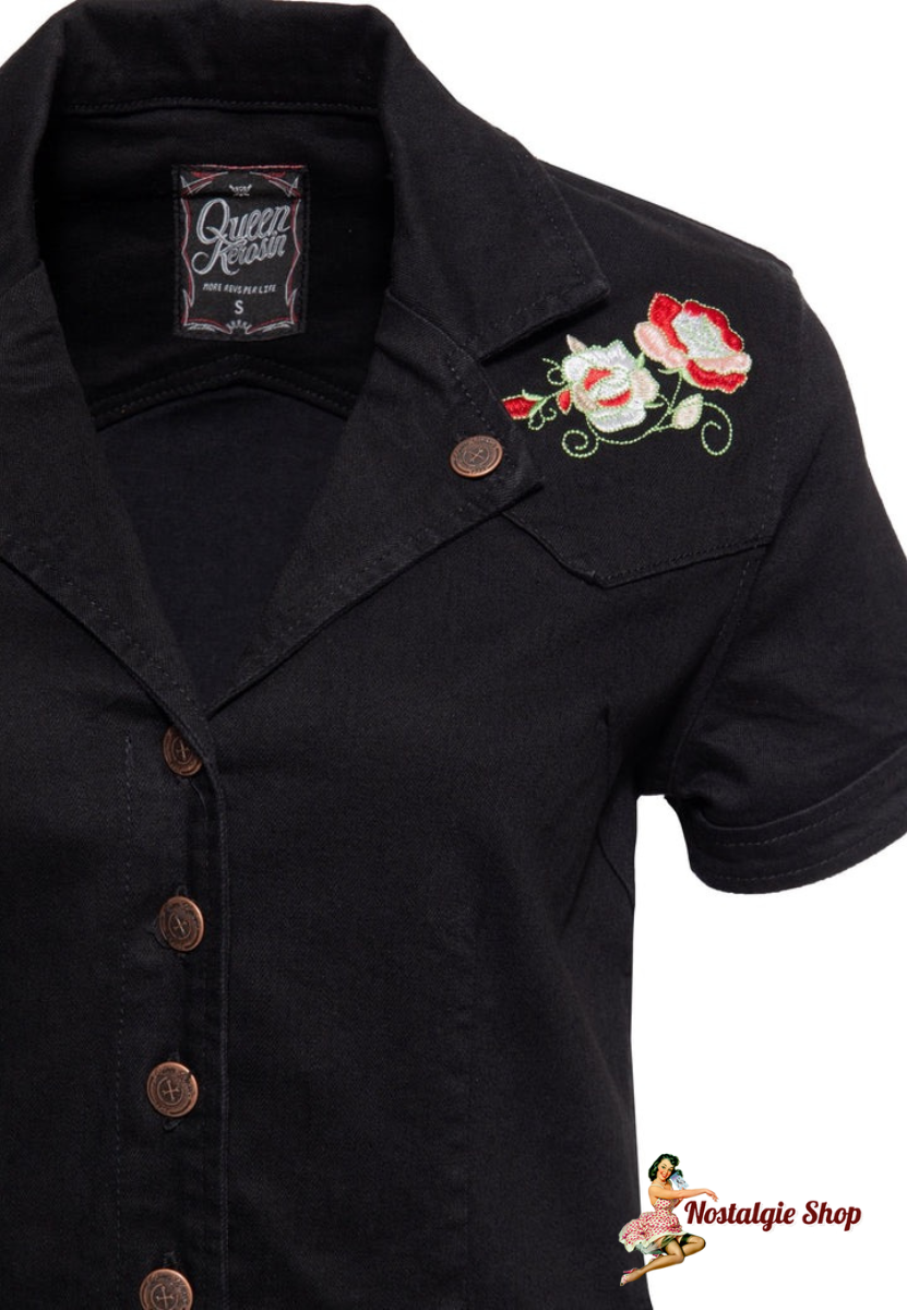 Queen Kerosin - 50s Swing Jeanskleid mit Stickerei