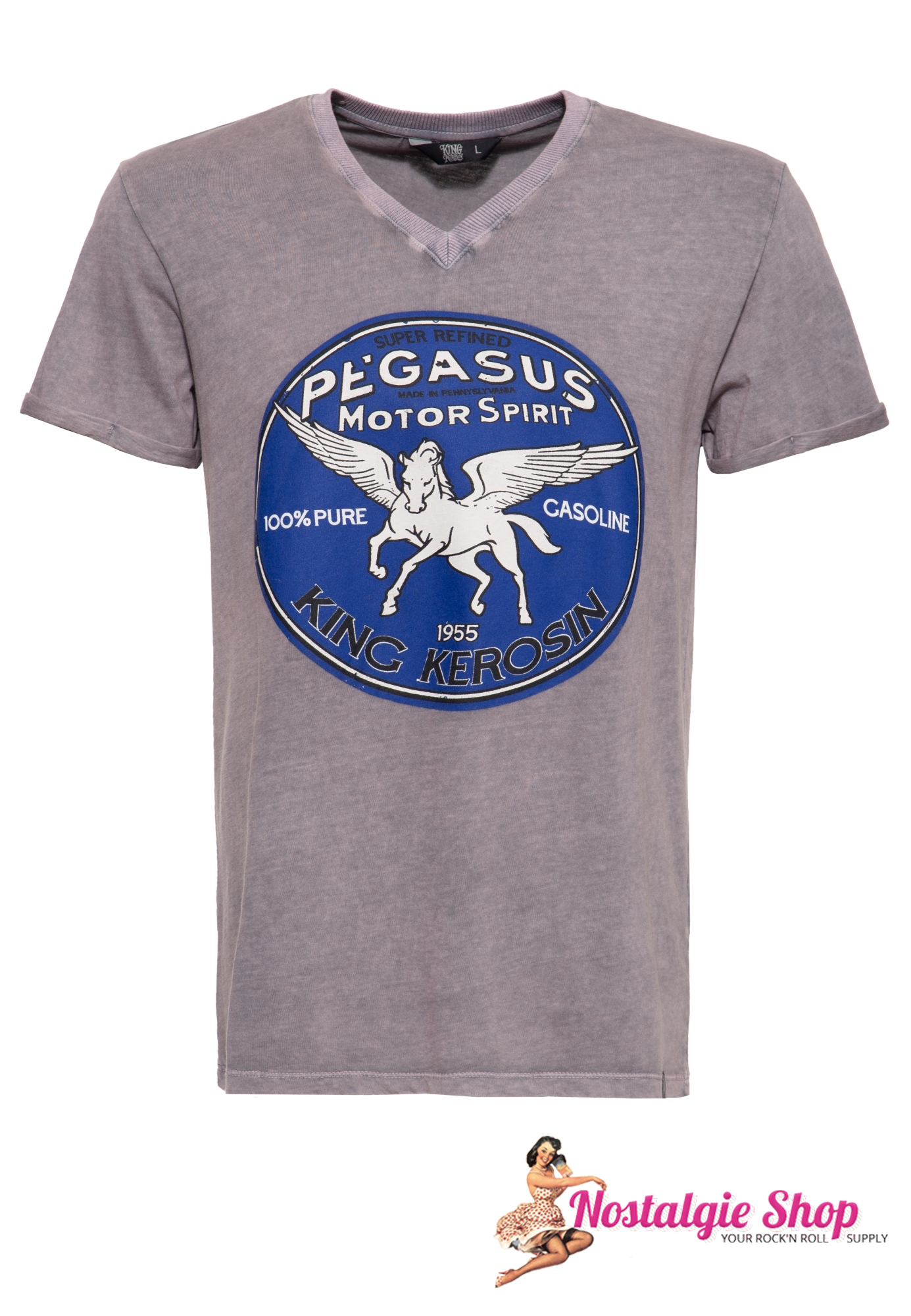 King Kerosin - Roll-Up T-Shirt Acid Wash "Pegasus" - grau mit Print