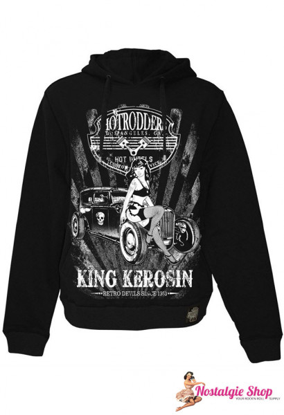 Hot Rodder Hoodie von King Kerosin in schwarz mit plakativem Hot Rodder Hoodie von King Kerosin in schwarz mit plakativem