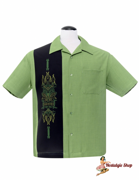 Steady Pinstripe Tiki Panel Bowling Shirt in Green