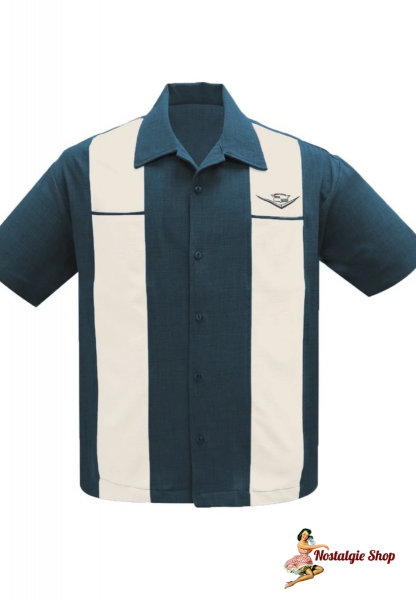 Steady Clothing - Classic Cruising Bowling Shirt in Teal/Cream
