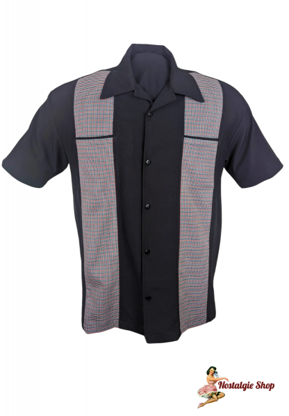 Steady Clothing - Houndstooth Panel Bowling Shirt in Black
