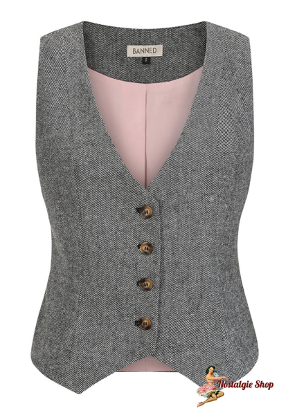 Banned - Selma Herringbone Waistcoat Grey Fitted Vest