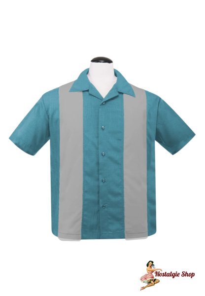 Steady Clothing - PopCheck Double Panel Bowling Shirt in Pacific/Silver