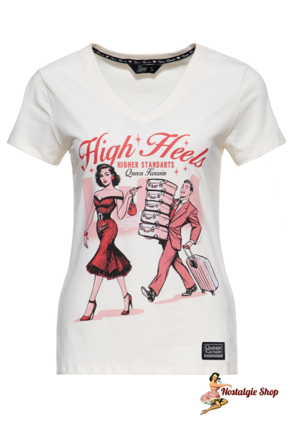 Queen Kerosin - T-SHIRT 'HIGH HEELS - HIGHER STANDARDS' IN OFFWHITE