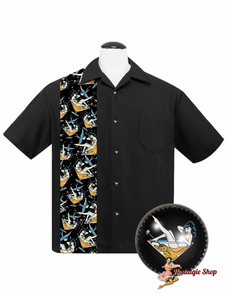 Steady - Bowling Shirt All-Over Martini Print Panel in Black