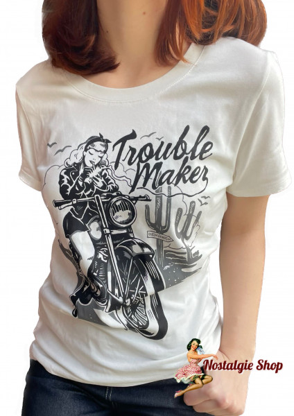 Queen Kerosin - Motorrad T-shirt “Troublemaker” in Weiß